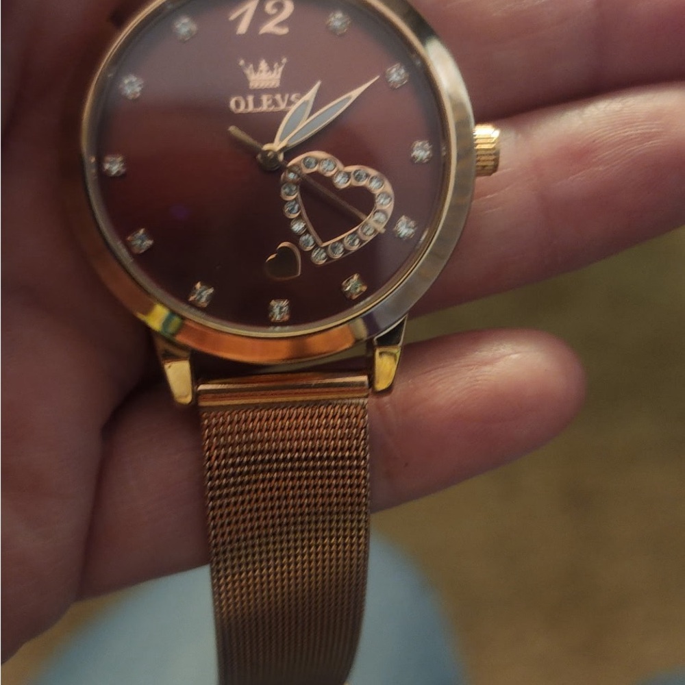 Olevs Gold and Brown Watch with Heart Detail